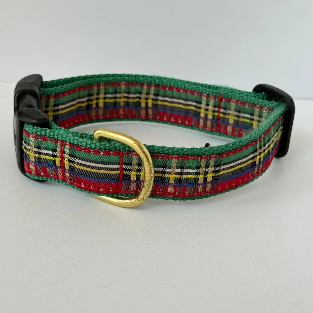 Up Country Dog Collar‎ Medium Green Red Tartan Plaid Adjustable Brass Hardware